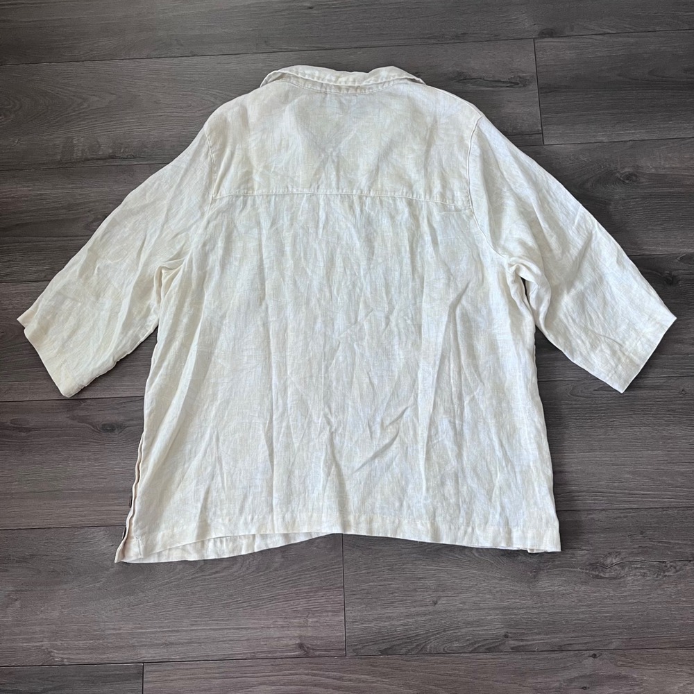 Tahari 100% Linen Tunic Top Cream V-Neck 3/4 Sleeve Side Button Detail 1X